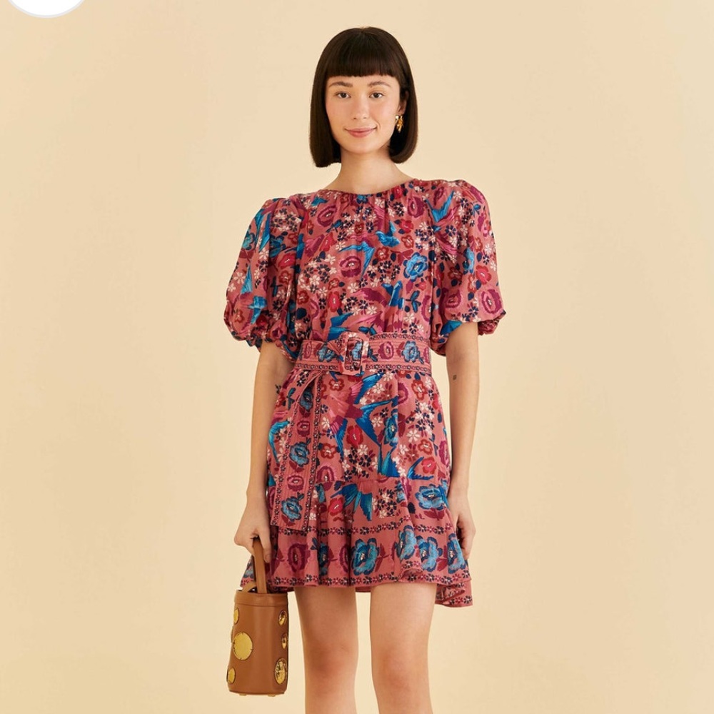 Farm Rio Blush Floral Birds Mini Dress